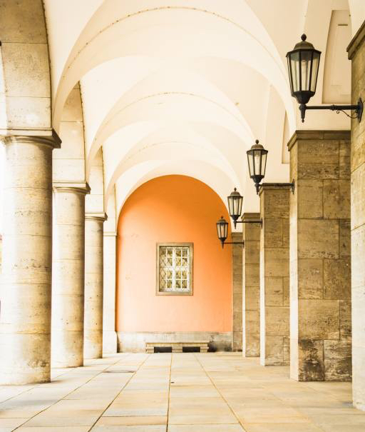 hall, hallway, building, window, lamps, orange, pillar, pillars Fottoo