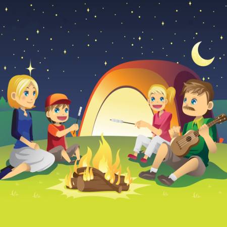 kids, sing, guitar, fire, moon, sky, tent, woman Artisticco Llc - Dreamstime