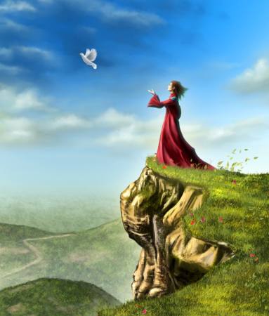 bird, woman, cliff, green sky, fly Andreus - Dreamstime