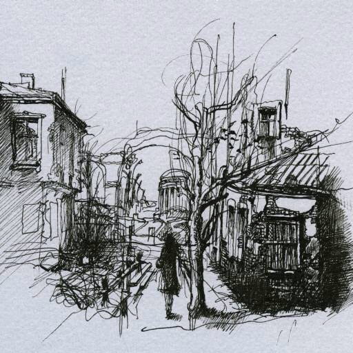 drawing, sketch, tree, man, city Rainbowchaser