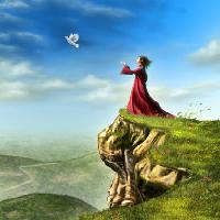 Pixwords The image with bird, woman, cliff, green sky, fly Andreus - Dreamstime