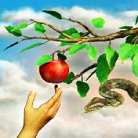 Pixwords The image with apple, snake, branch, green, leafs, hand Andreus - Dreamstime